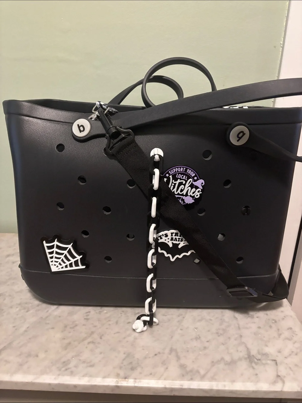 BOGG BAG Black Tote with 7 Halloween Charms and Checkered Strap. - Picture 3 of 6